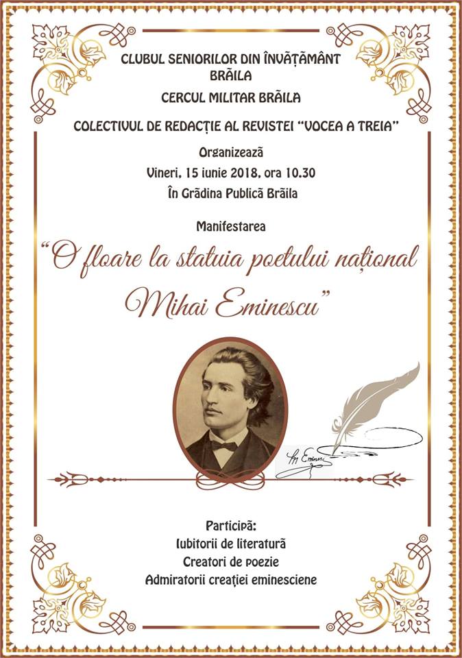 O floare la statuia poetului național Mihai Eminescu - clubul seniorilor din Braila