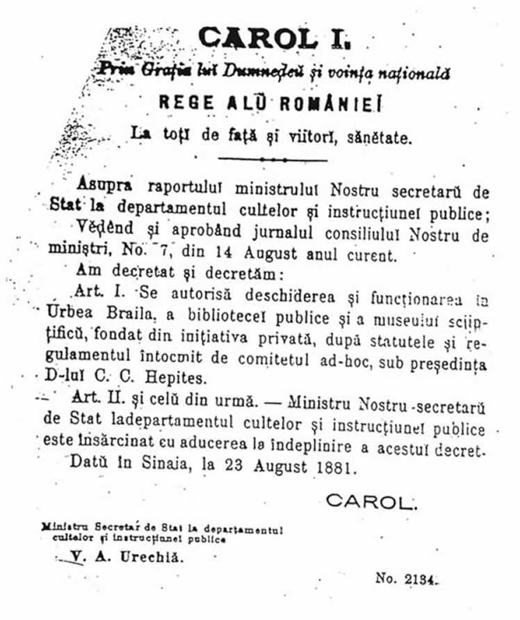decret regal biblioteca braila