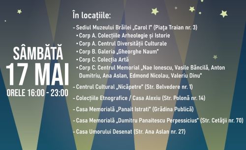 Publicul este invitat sâmbătă, 17 mai, la Muzeul Brăilei care își deschide porțile pe timp de seară, cu ocazia renumitului eveniment Noaptea Muzeelor